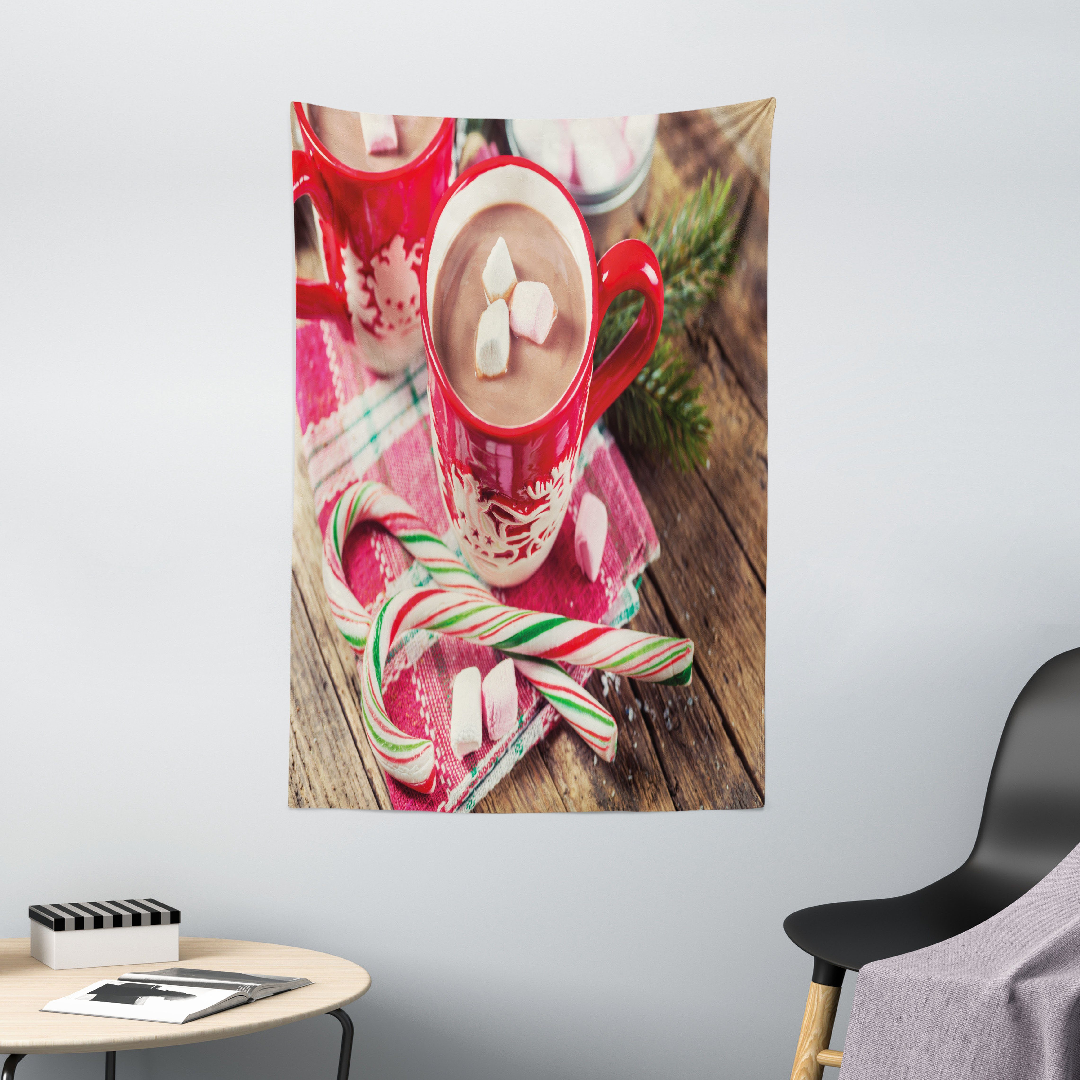 Wandteppich Wohnzimmer Schlafzimmer Wandtuch Seidiges Satin Wandteppich, Abakuhaus, rechteckig, Weihnachten Heiße Schokolade in Tassen