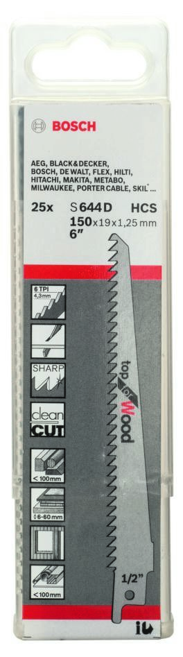 Bosch plavi pribor 2608650464 S644D Vrh sabljaste pile za drvo 150 mm 25 dijelova