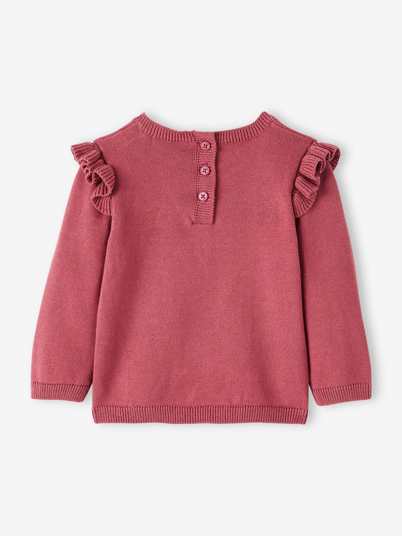 Pull à volants cerise bébé avec pompons bourgogne
