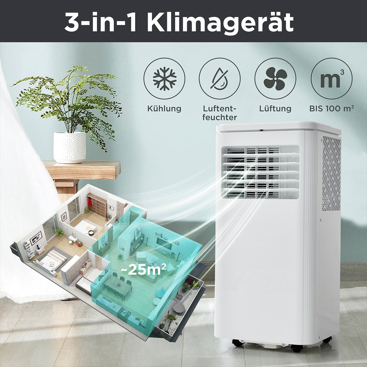 autolock Klimagerät Mobiles Klimagerät 9000 BTU/h 2,5KW Luftentfeuchter, Fernbedienung APP-Steuerung 3 Betriebsarten