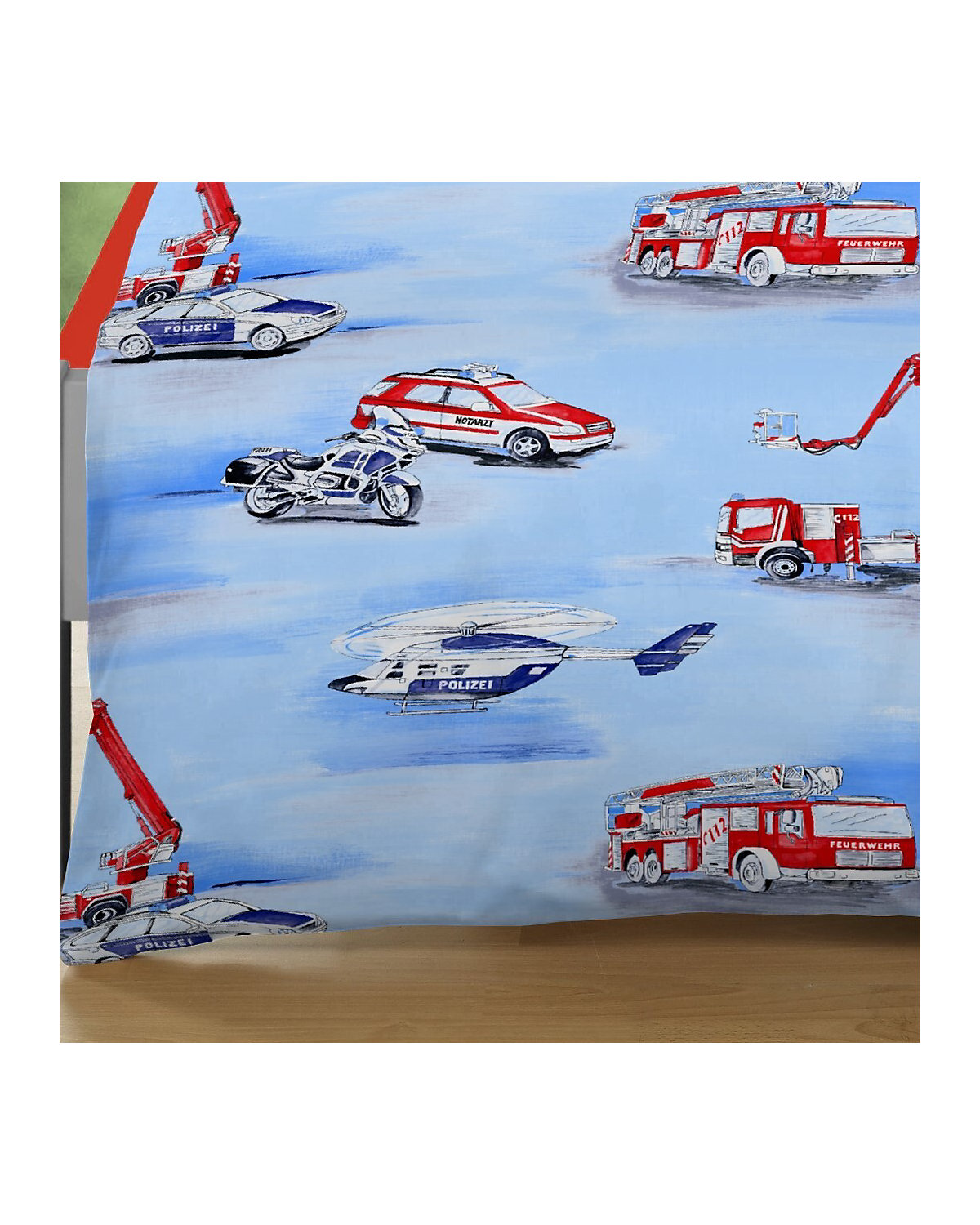 Kinder-Bettwäsche Jungen Polizei & Feuerwehr Fahrzeuge, Biber, 135 x 200 cm + 80 x 80 cm