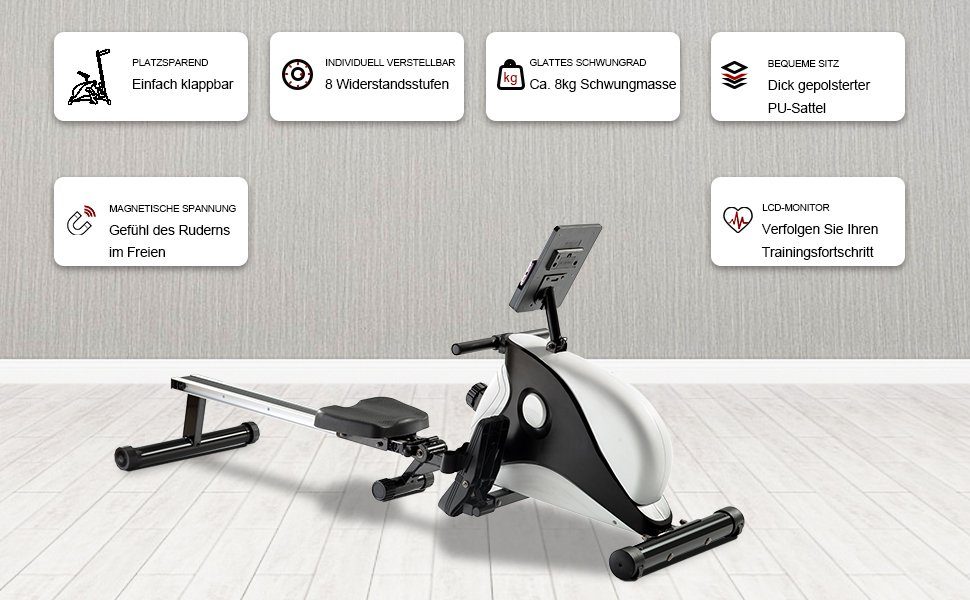 EXTSUD Rudergerät Rudergerät Indoor Klapprudergerät mit Magnetkraft, LCD-Display und 8-stufiges Trainingsgerät zur Widerstandseinstellung