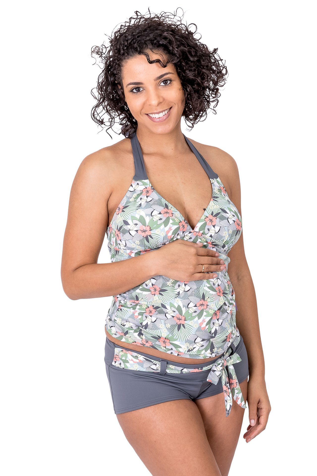 petit amour Umstandstankini TUNKINI (Set, Umstandstankini Top & Slip), Raffinierte Umstandsbademode passend für B/C/D Cups in fröhlich-dezentem Hawaii-Tukan Muster in Pastellfarben abgesetzt mit Trendgrau. Stylisch und bequem, wächst mit, Design made