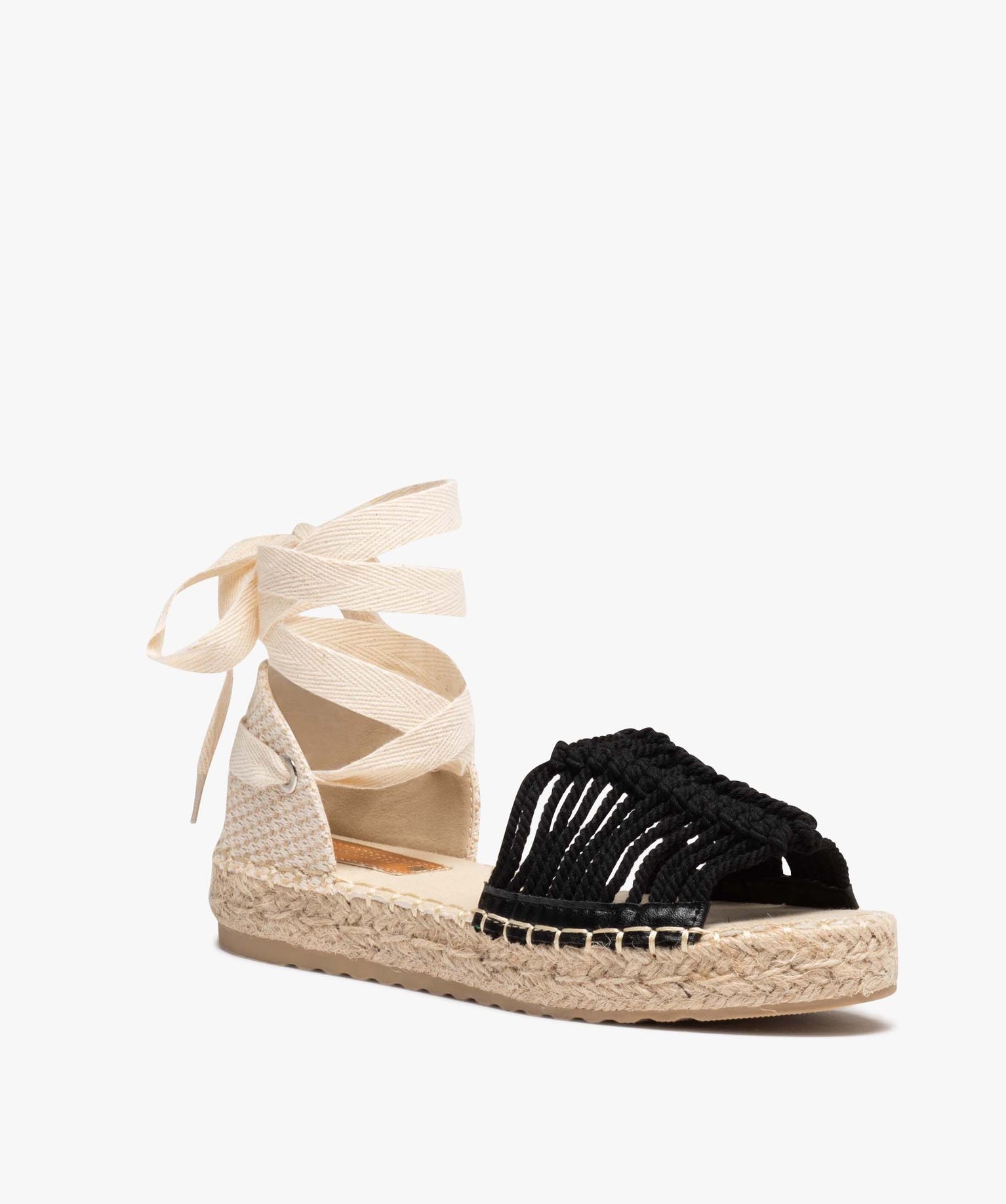 Sandales femme dessus en macramé avec rubans à nouer noir | GEMO