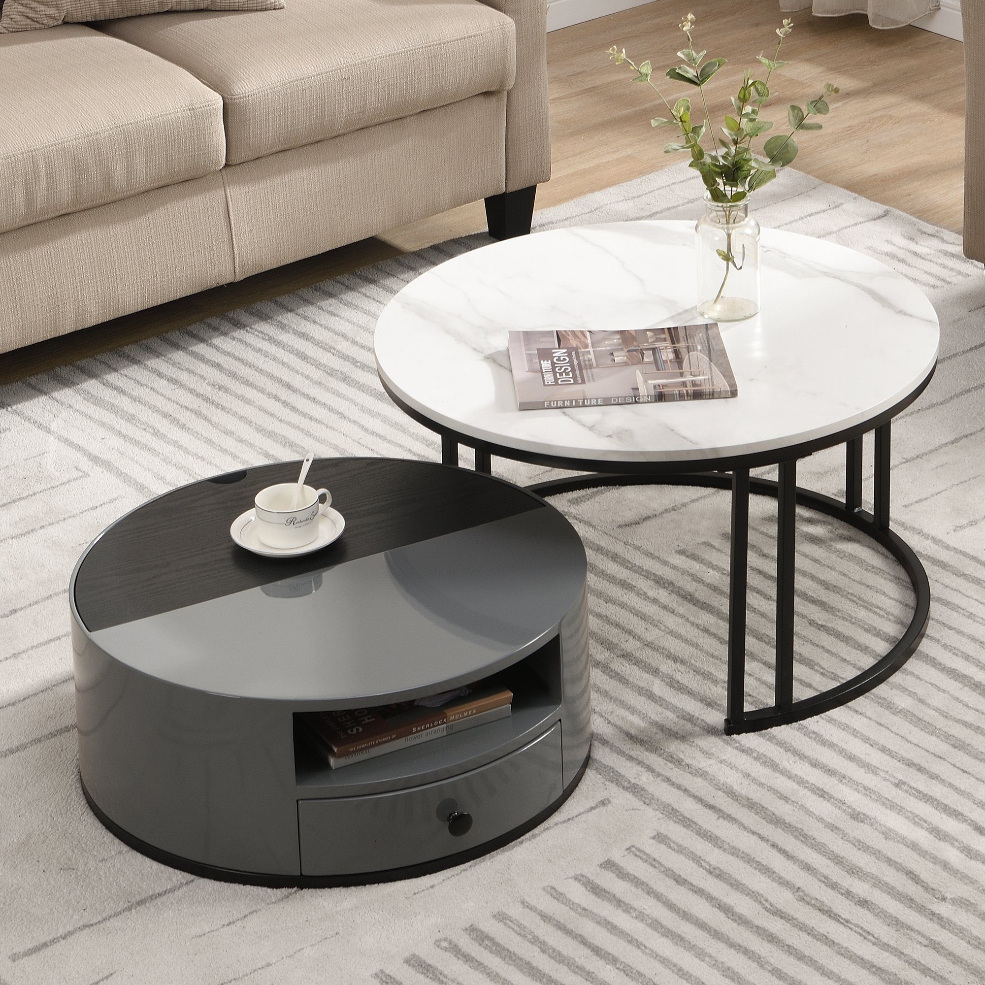 BlingBin Couchtisch Zweiteiliger Nesting-Couchtisch (1-St., 2er set, Schwarzer und grauer PVC-Marmor-Look und Aufbewahrung), mit Schublade und offener Stauraum, Staufach unter dem Schreibtisch