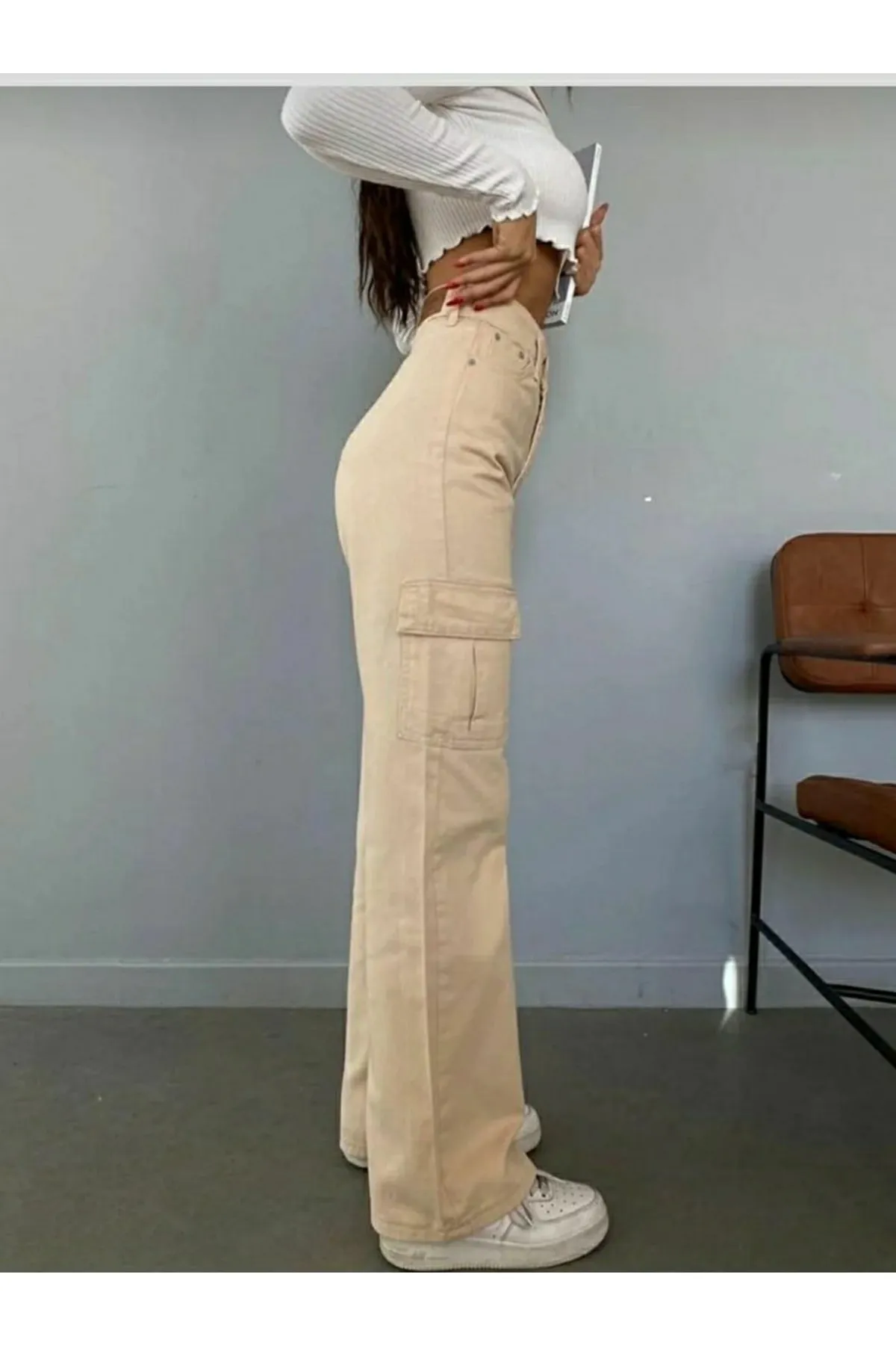 Trn JNS  Hayley Damen-Palazzo-Jeans in Beige mit extra hoher Taille, Tasche und ohne Gesäßtasche