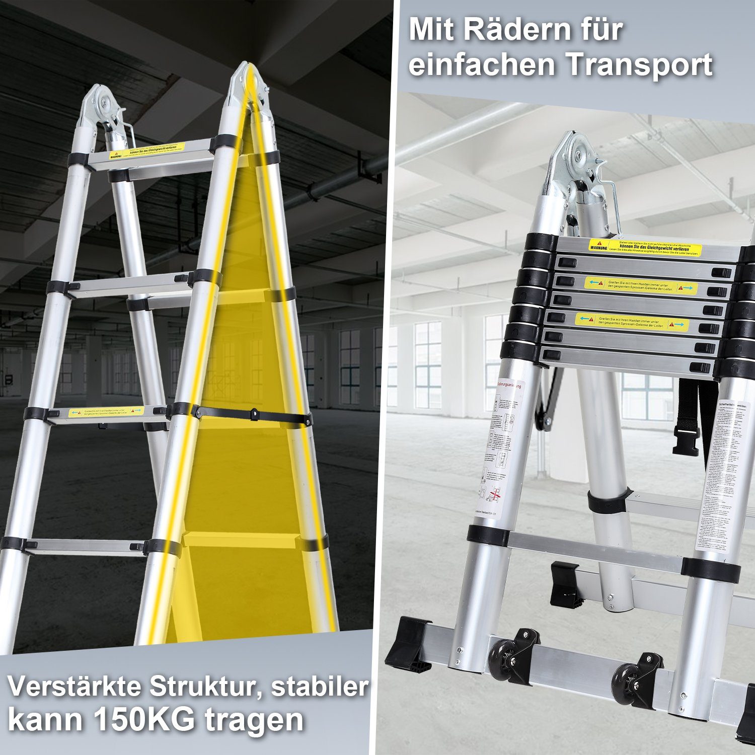 TolleTour Teleskopleiter Teleskopleiter Alu 2.5+2.5m mit Stabilisator Rädern Anlegeleiter