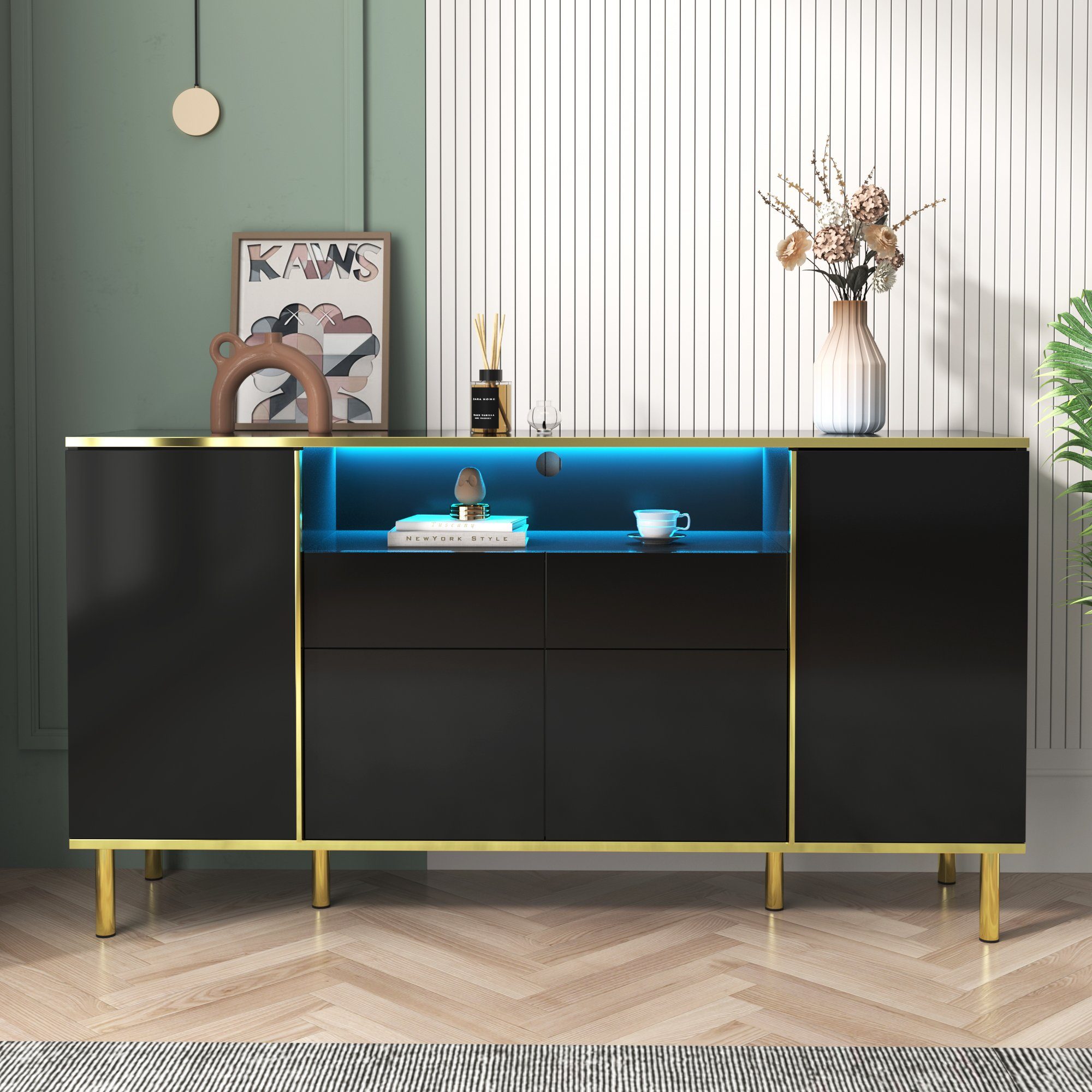 Merax Sideboard, hochglanz mit LED, Kommode mit goldenen Rahmen, Anrichte, Breite 150cm