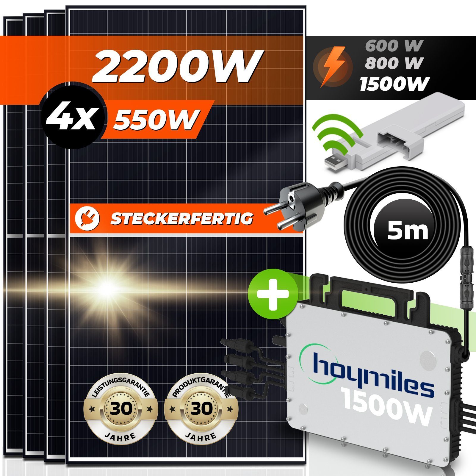 SUNNIVA Solaranlage Balkonkraftwerk 2200W, 1500,00 W, Monokristallin, (HOYMILES Wechselrichter (drosselbar auf 600W oder 800W), Solaranlage Komplettset mit 5m Anschlusskabel für Schuko Steckdose, Balkon Mini-PV Anlage mit WIFI APP und Stromerzeugung