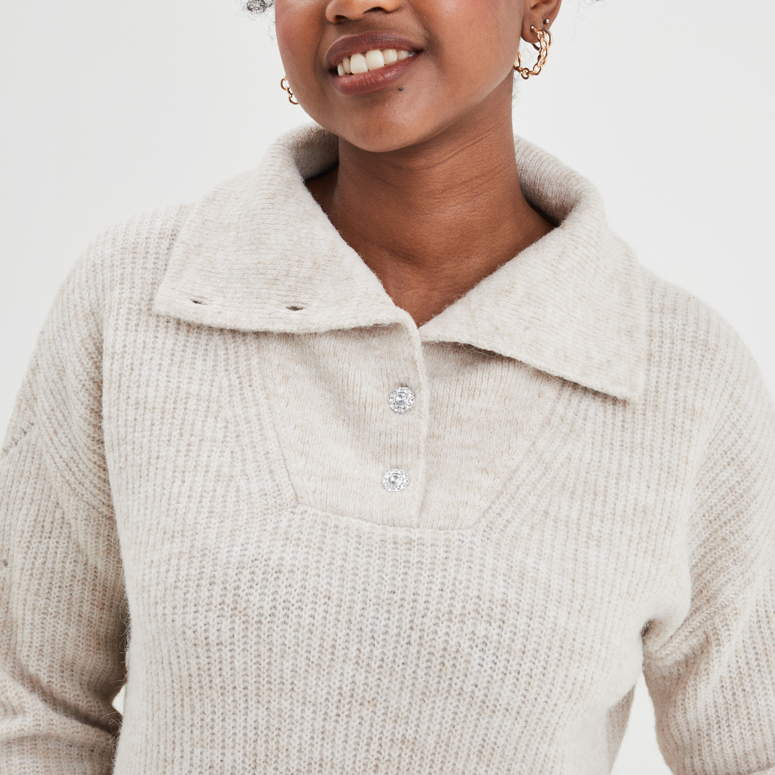 Pull col camionneur manches ajourées beige femme | La Halle