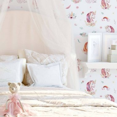 K&L Wall Art Mustertapete Kinderzimmer Vliestapete Baby Einhorn Prinzessin Rosa Mädchenzimmer, Einhornprinzessin Tapete