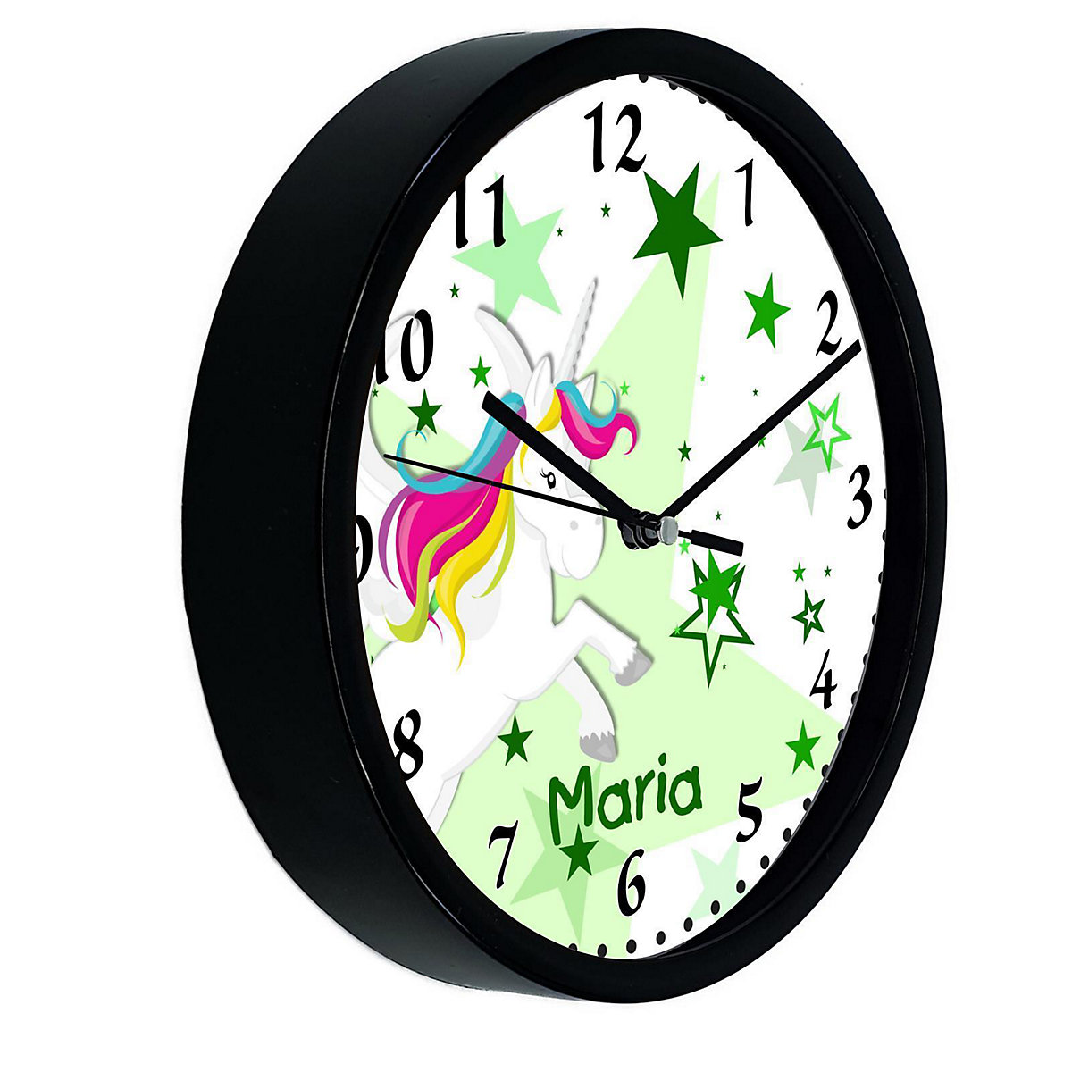 Kinder Wanduhr laufruhig personalisiert mit Name Pegasus Sterne Grün