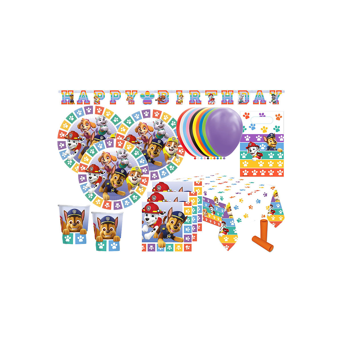 XL Paw Patrol bunte Pfötchen Party Deko Set mit 78 Teilen für 16 Kinder