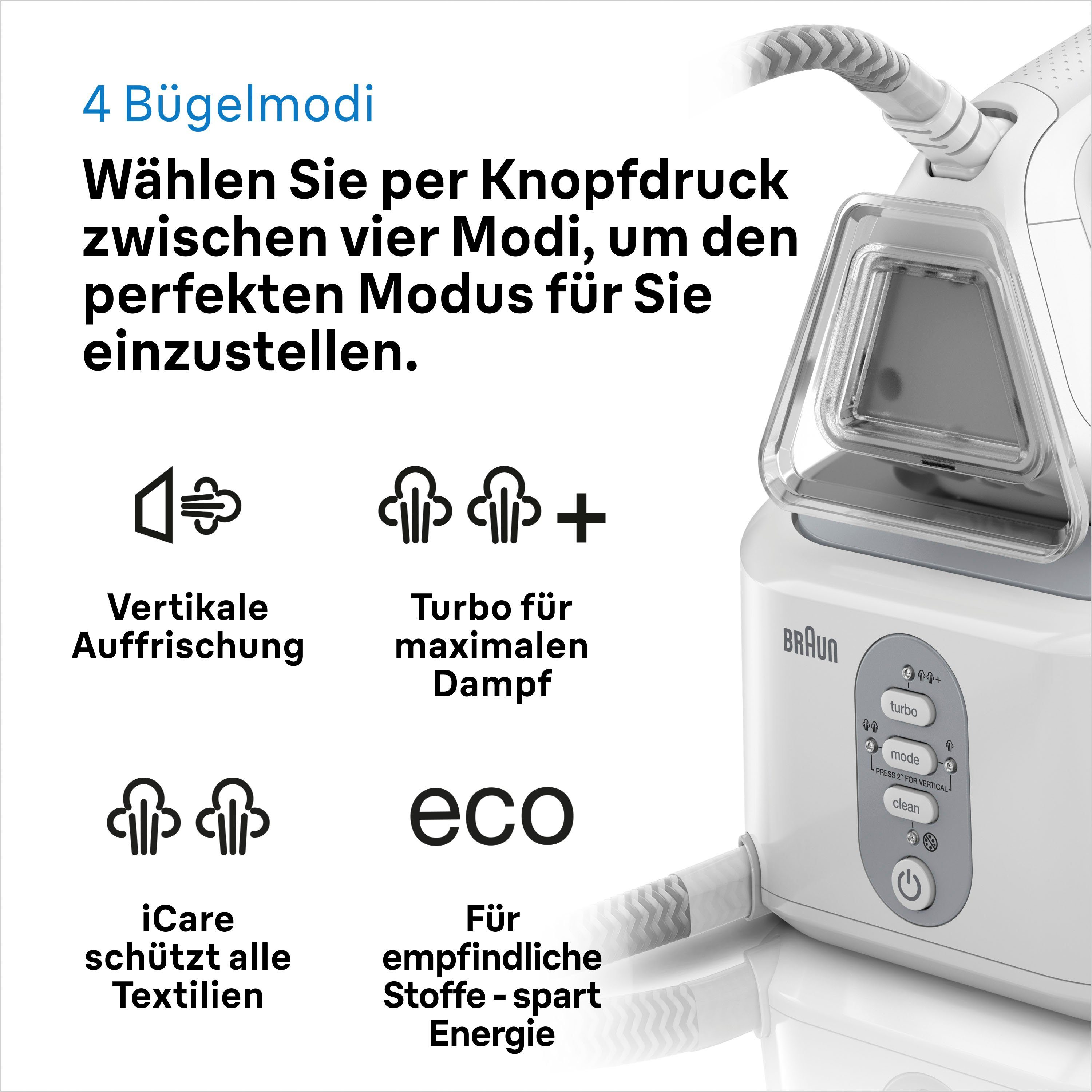 Braun Dampfbügelstation CareStyle 3 IS3132WH, 2000 ml Wassertank, weiß, max. Dampfmenge 400g/min, Rückwärtsbügeln über Knöpfe