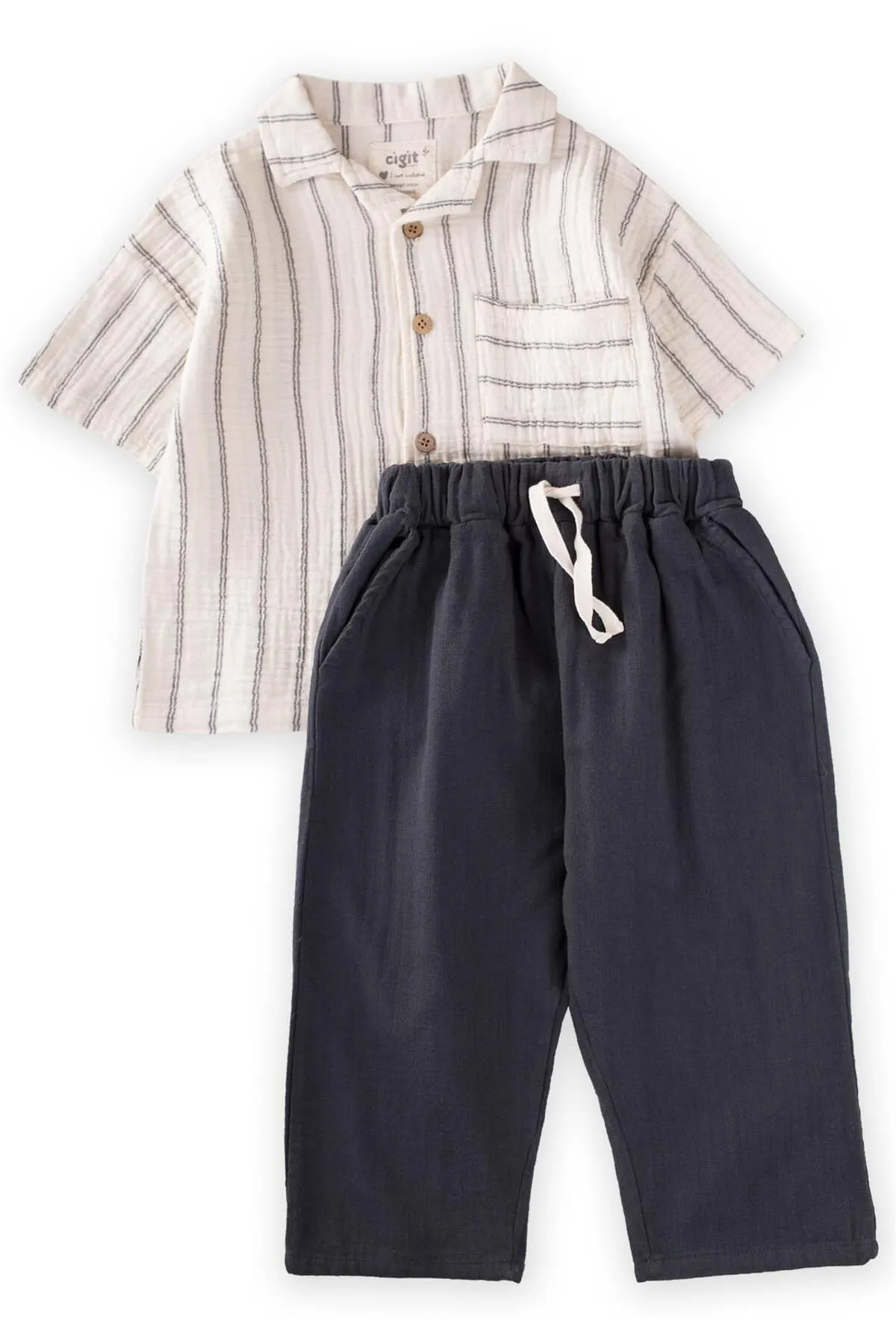 Cigit  Hawaii-Musselin-Hemd-Set, 2–8 Jahre, doppelt gestreift