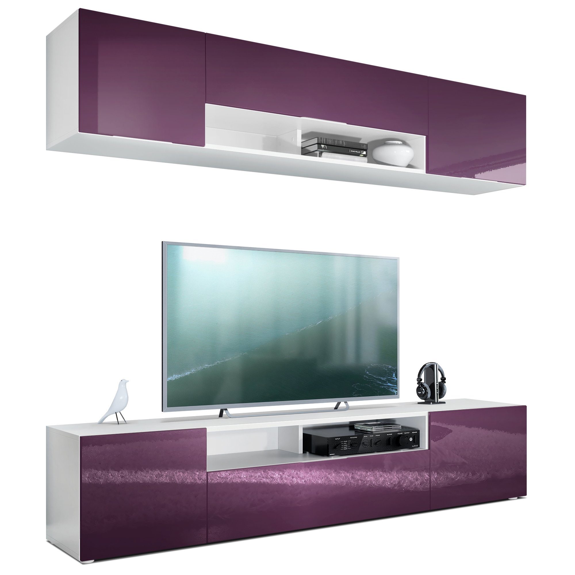 Vladon Wohnwand Mogan, (Anbauwand bestehend aus 2 TV-Boards, 2-St., mit jeweils 2 Türen, 1 Klappe und 1 offenes Fach), Weiß matt/Brombeer Hochglanz 2x (181 x 39 x 35 cm)