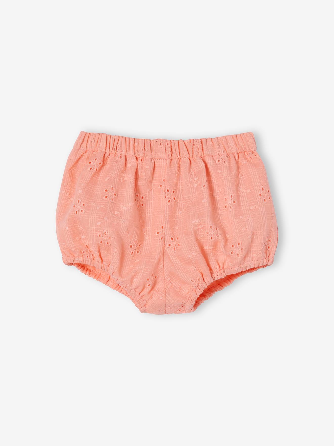 Ensemble en broderie anglaise bébé robe, bloomer et bandeau corail