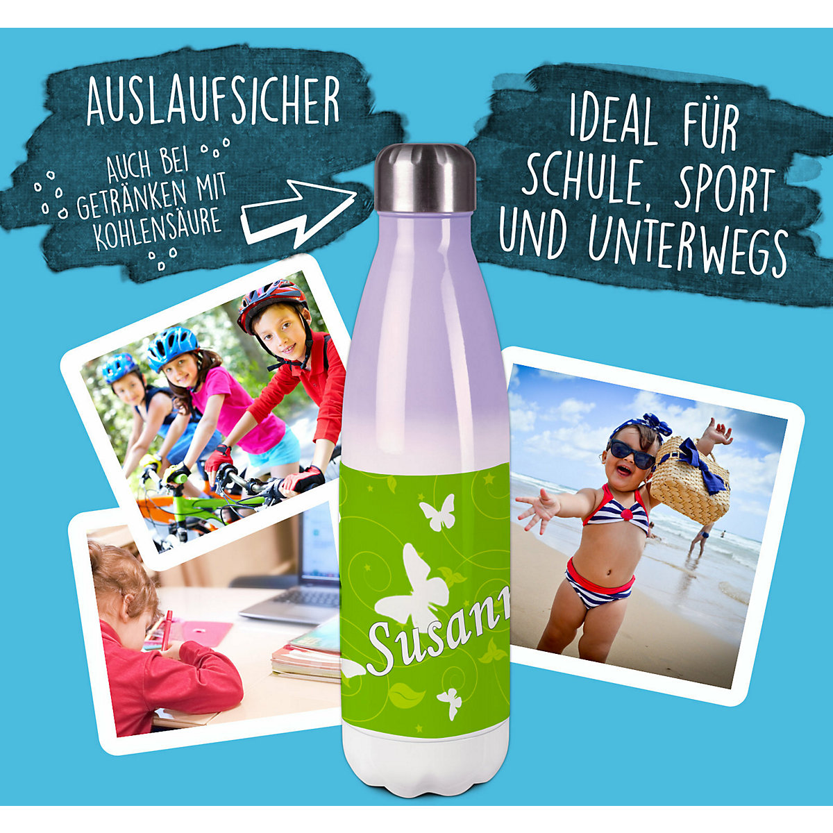 Edelstahl Kinder Thermoflasche / Trinkflasche bunt Schmetterling Ornamente Farbe grün Spülmaschinenfest, Auslaufsicher, Bruchfest, Doppelwandig, Für Heißgetränke geeignet, Mit Deckel, Isoliert