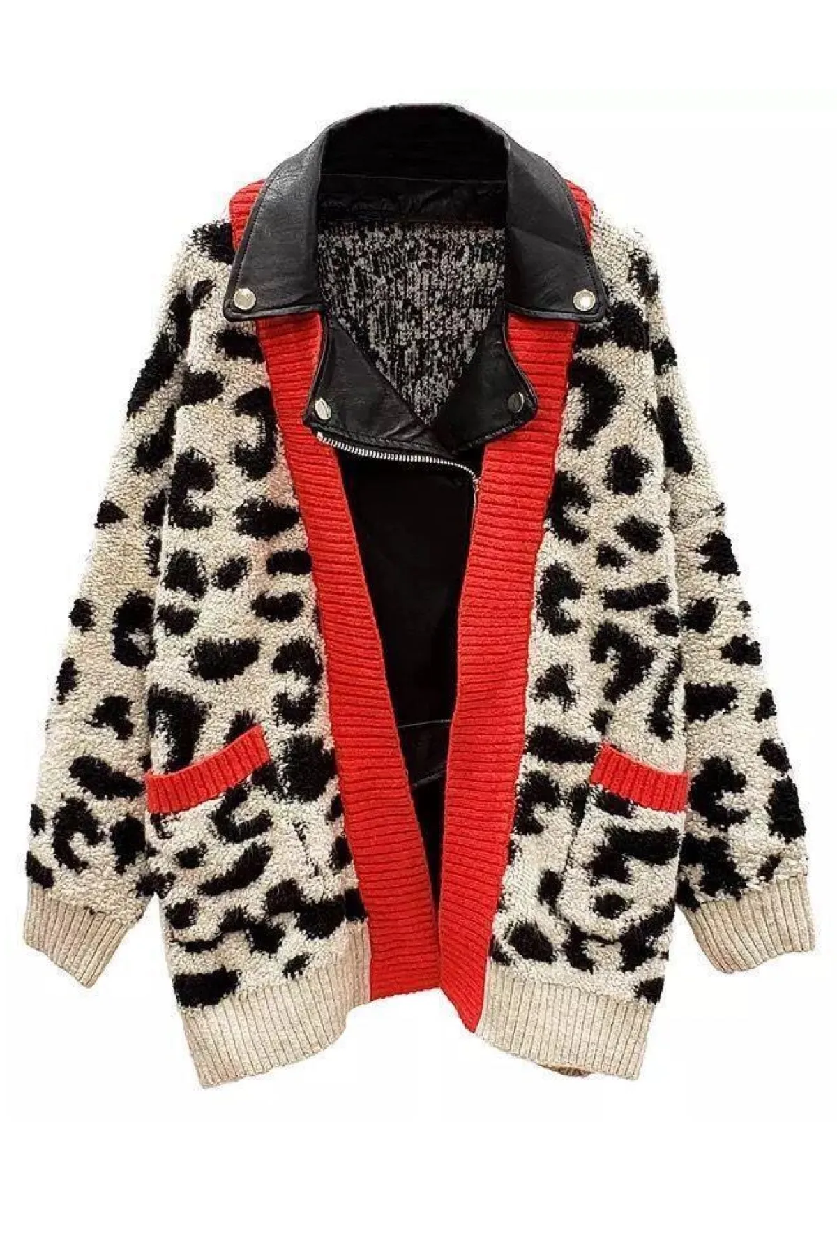 FEMELLE  Damen-Strickjacke aus Leder mit Leopardenmuster und Reißverschluss in Übergröße