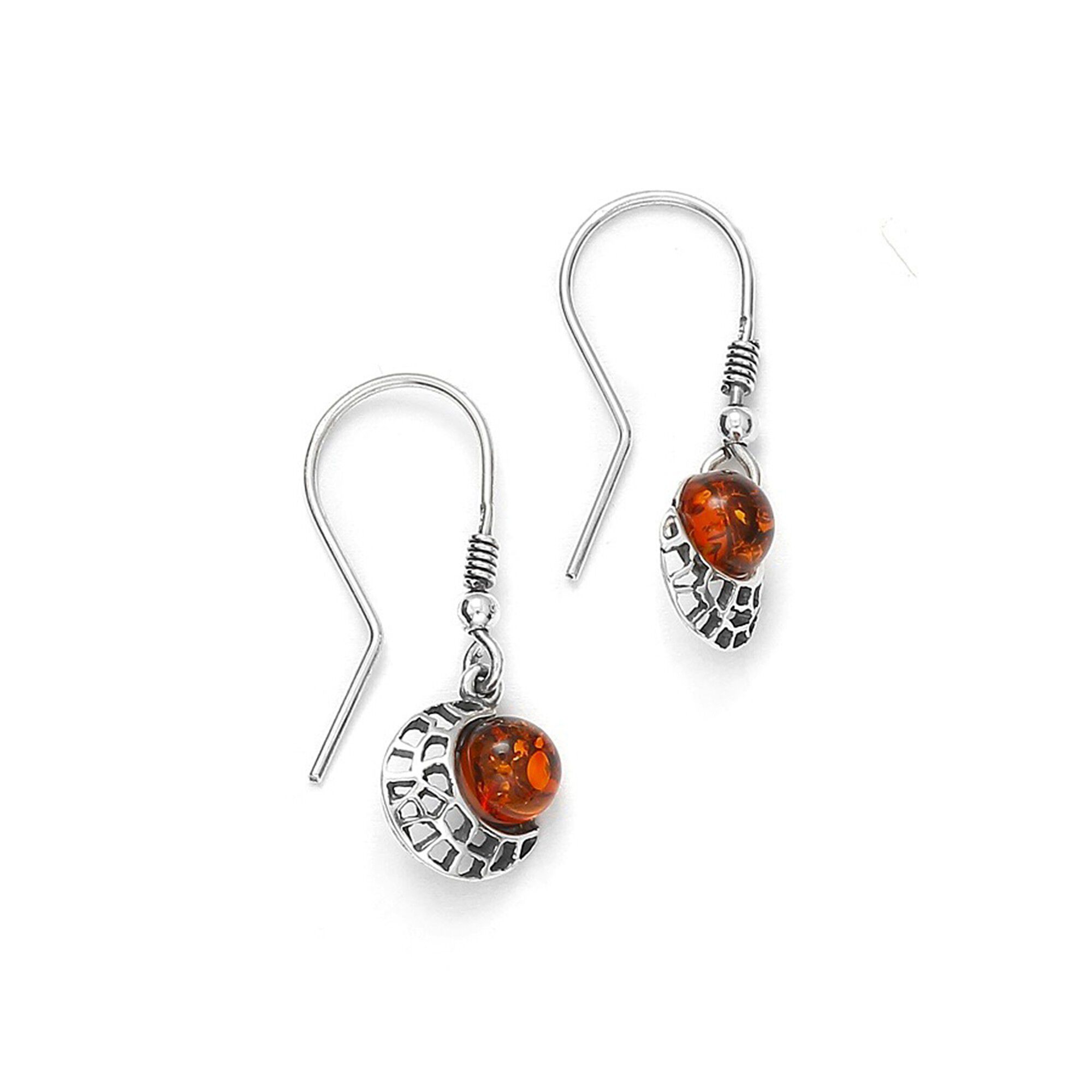 Boucles d'oreilles pendantes ajourées ambre et argent