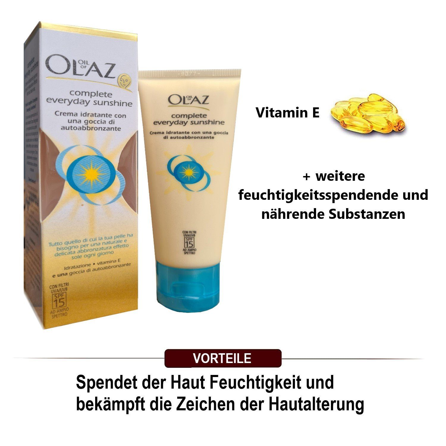 OLAZ Selbstbräunungscreme Total Complete Everyday Sunshine 40ml Gesicht Selbstbräunungscreme, und Make up für natürliche & fleckenfreie Bräune, straffung, jüngeres Aussehen, Anti Falten Hautcreme Naturkosmetik Anti-Aging Tagescreme mit Vitamin E Beau
