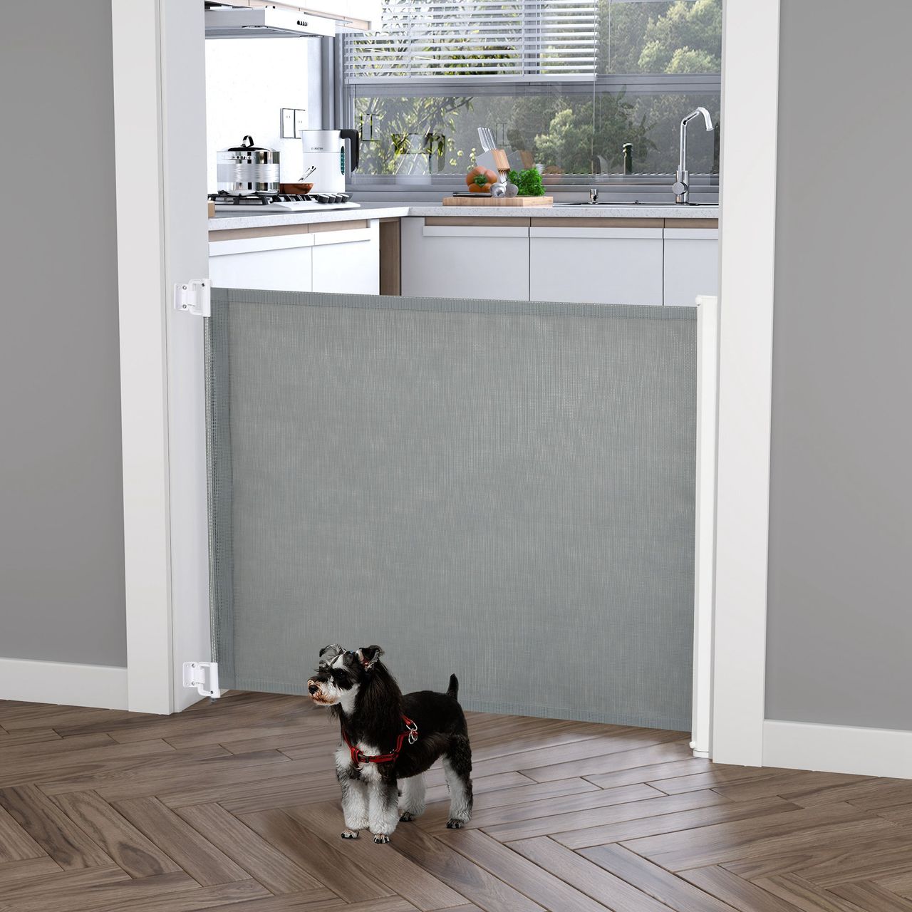 PawHut Hunde Türschutzgitter Treppenschutzgitter Treppenschutz Sicherheitstrennwand Trennwand Türschutz Treppenschutzgitter ausziehbar treppenschutzrollo Rollo Einrollbar PVC Grau 115L x 82,5H cm