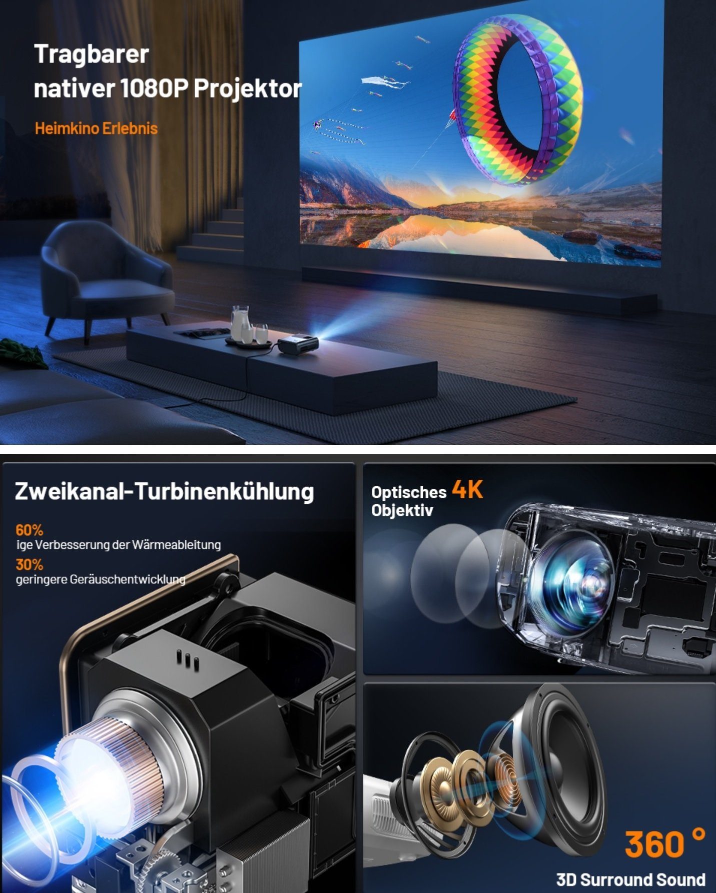 JUNG Mini Tragbarer Beamer Trapezkorrektur 4K 200 ANSI Smart Projektor WiFi Mini-Beamer (10000: 1, 1920 x 1080 px, 4k Heim Kino Full HD Smart Heimkino Bluetooth Tragbar Mobil Minibeamer)