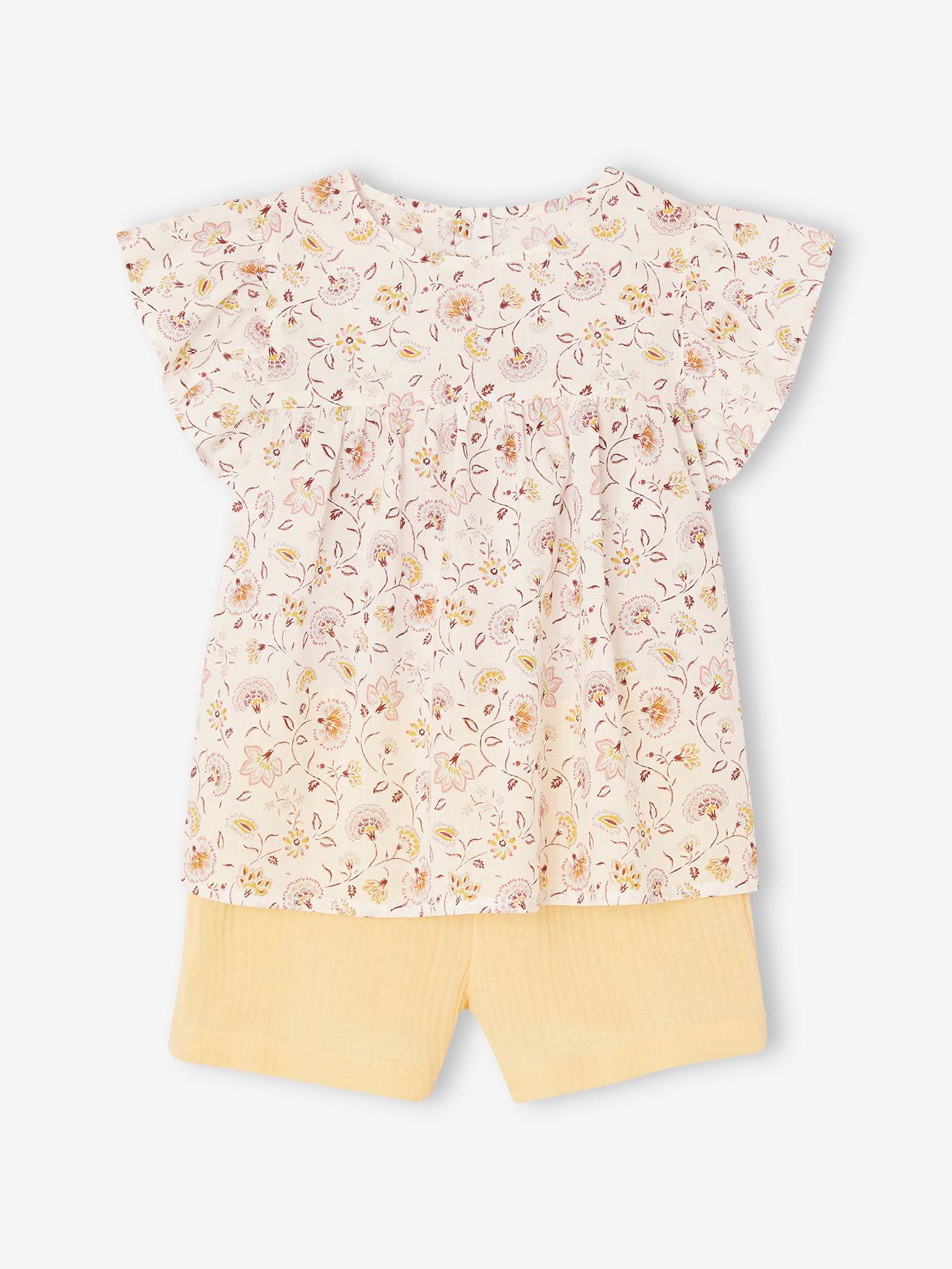 Vertbaudet Mädchen-Set: geblümte Bluse & Musselin-Shorts - pastellgelb