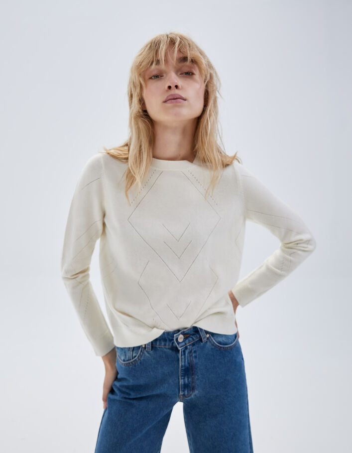 Pull écru tricot avec ajourés Femme