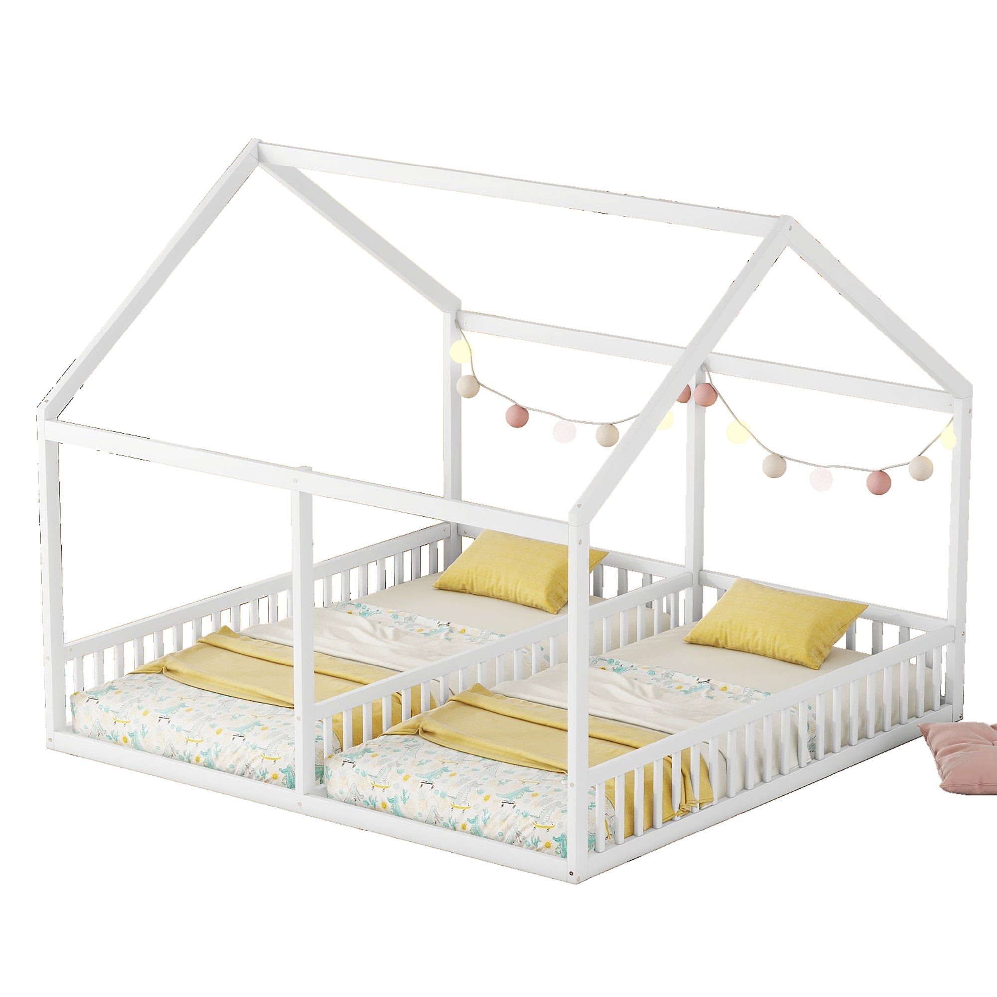 WISHDOR Kinderbett Funktionsbett Holzbett Einzelbetten, 2-in-1-Betten (flache Betten, Hausmodelle, 2-in-1-Betten), ohne Matratze