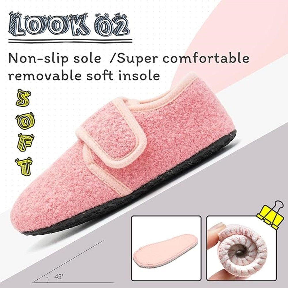 IceUnicorn Kinder-Hausschuhe - Wärmende, rutschfeste Slipper, Klettverschluss Hausschuh (1Paar Kinderhauschuhe, herausnehmbare waschbare Innensohle, rutschhemmende Sohle) Rutschfeste Gummisohle für sicheren Halt