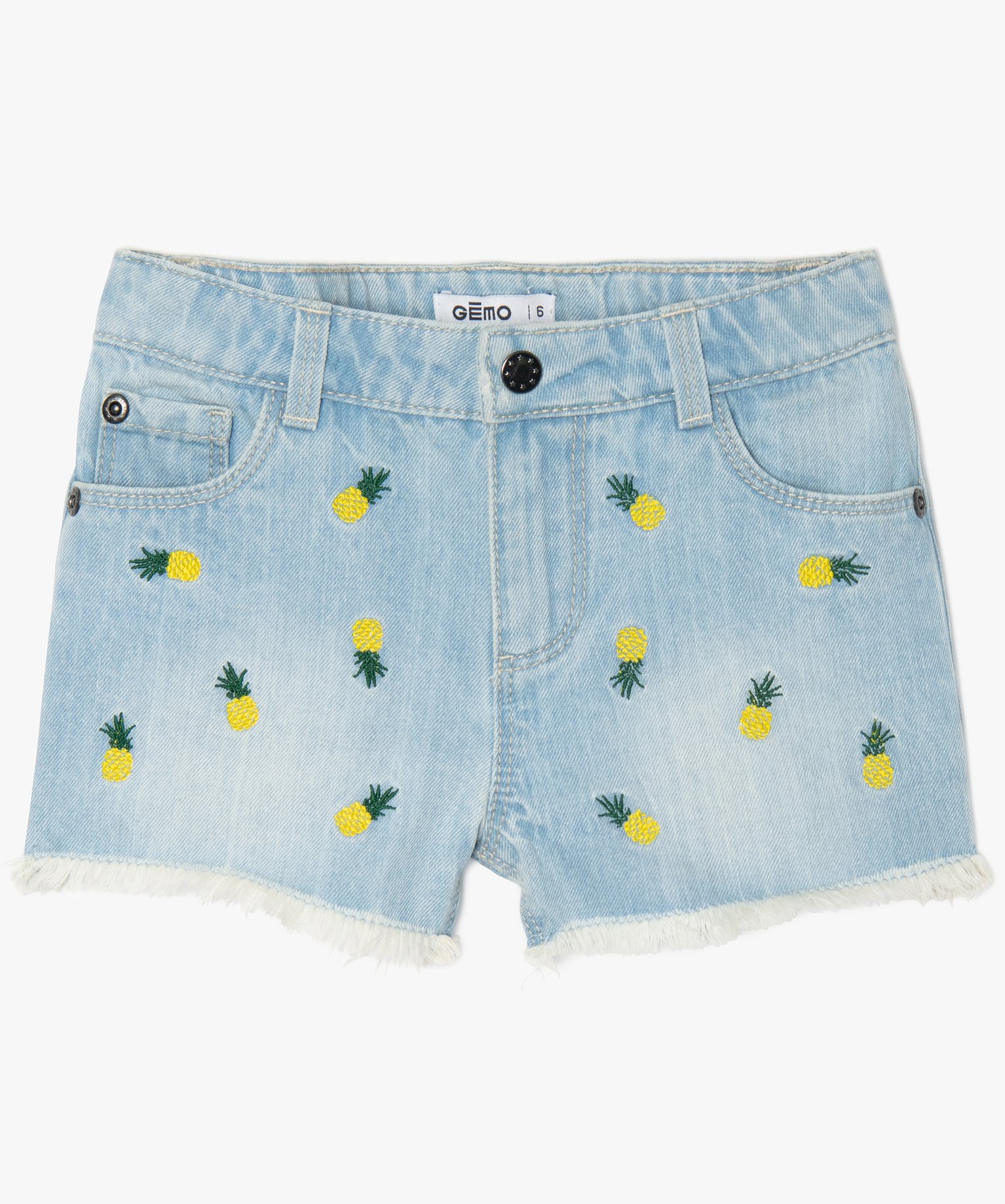 Short fille en jean avec petits motifs brodés et franges denim | GEMO