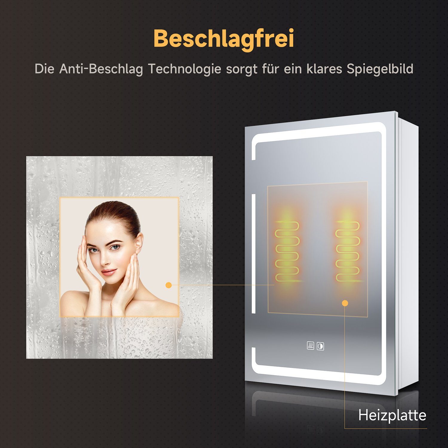 SONNI Badezimmerspiegelschrank Eintüriger dreifarbig beleuchteter Badspiegelschrank,380x600x140mm