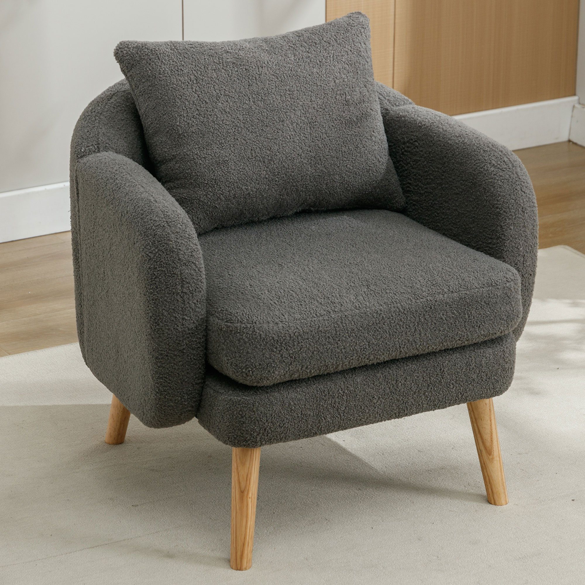 OKWISH Sessel Polstersessel Armlehnensessel Freizeitsessel Einzelsessel Loungesessel (mit Kissen, Sessel mit extra dickem Kissen, Beine aus Massivholz), Moderner, schlichter Teddy-Samtstuhl