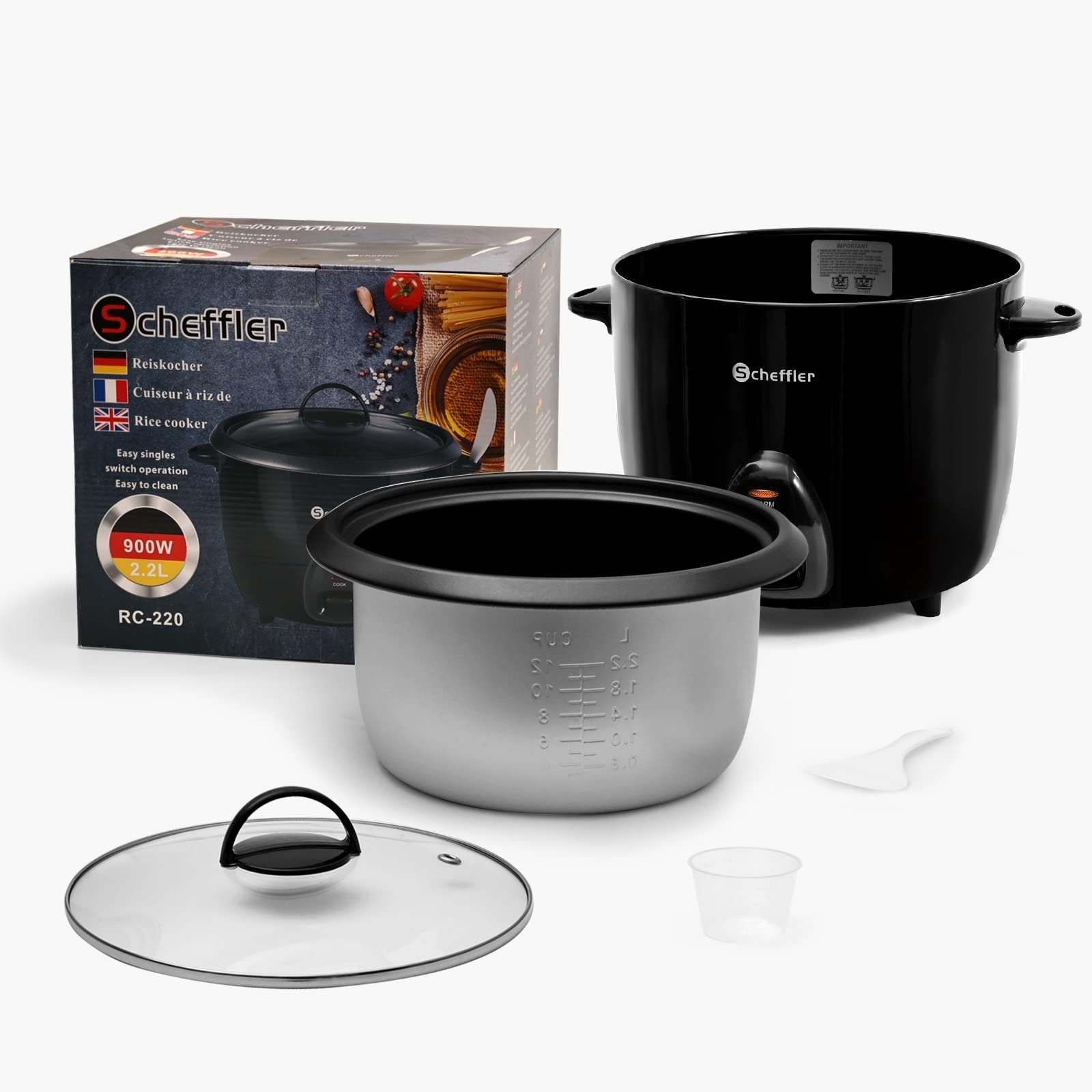 Scheffler Reiskocher 2.2-2.8L, 900-1000W, Warmhaltefunktion, Antihaftbeschichtung, inkl. Reislöffel + Messbecher