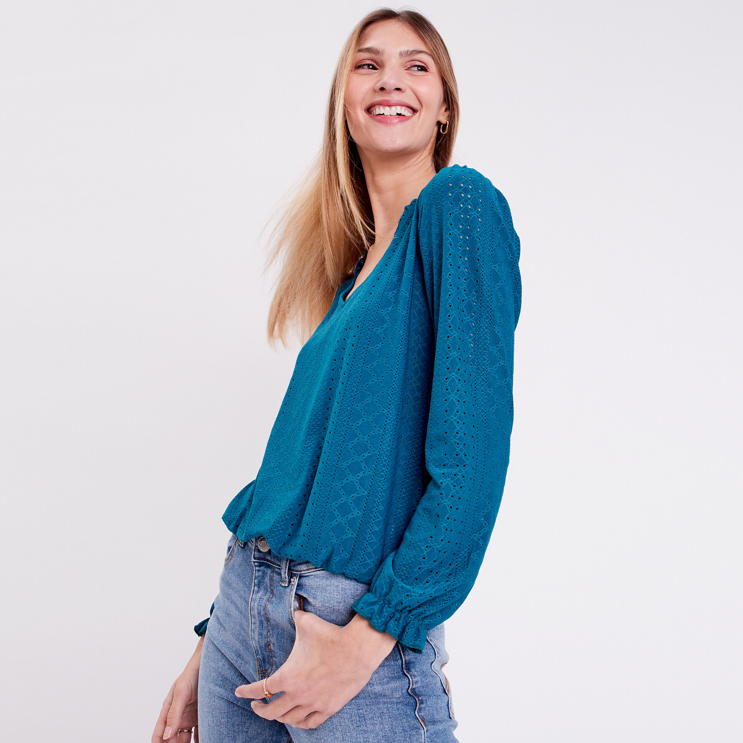 Blouse manches longues bleu canard femme | Cache Cache