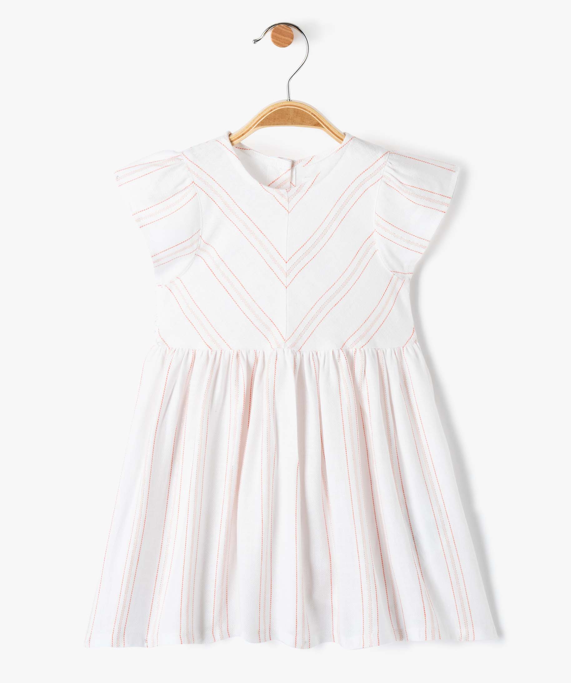 Robe bébé fille en lin à rayures avec manches volantées blanc | GEMO