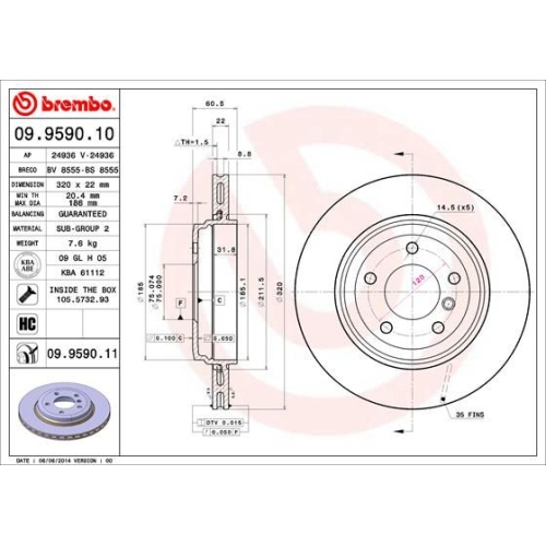 Bremsscheibe Brembo Hinterachse  2 Stück 09.9590.11 - ATU