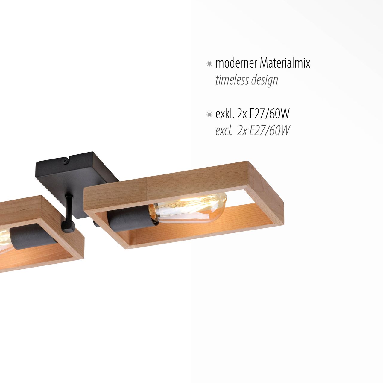 JUST LIGHT LeuchtenDirekt Deckenleuchte FRAME, 2xE27/max. 60W, Innenleuchte, IP20, Metall und Holz
