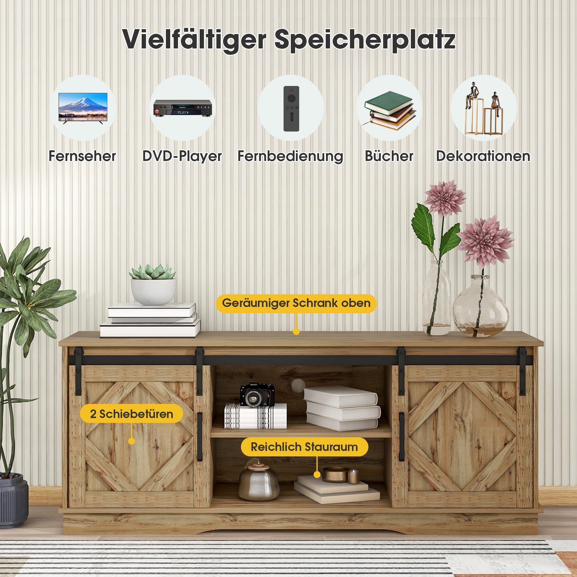 OKWISH TV-Schrank TV Stand Sideboard Entertainment Center (vintage Braun Entertainment Center 150*40*60cm, mit 2 klassischen Schiebetüren Einstellbare Regale) für Wohnzimmer Esszimmer Landhaus Modernes Design