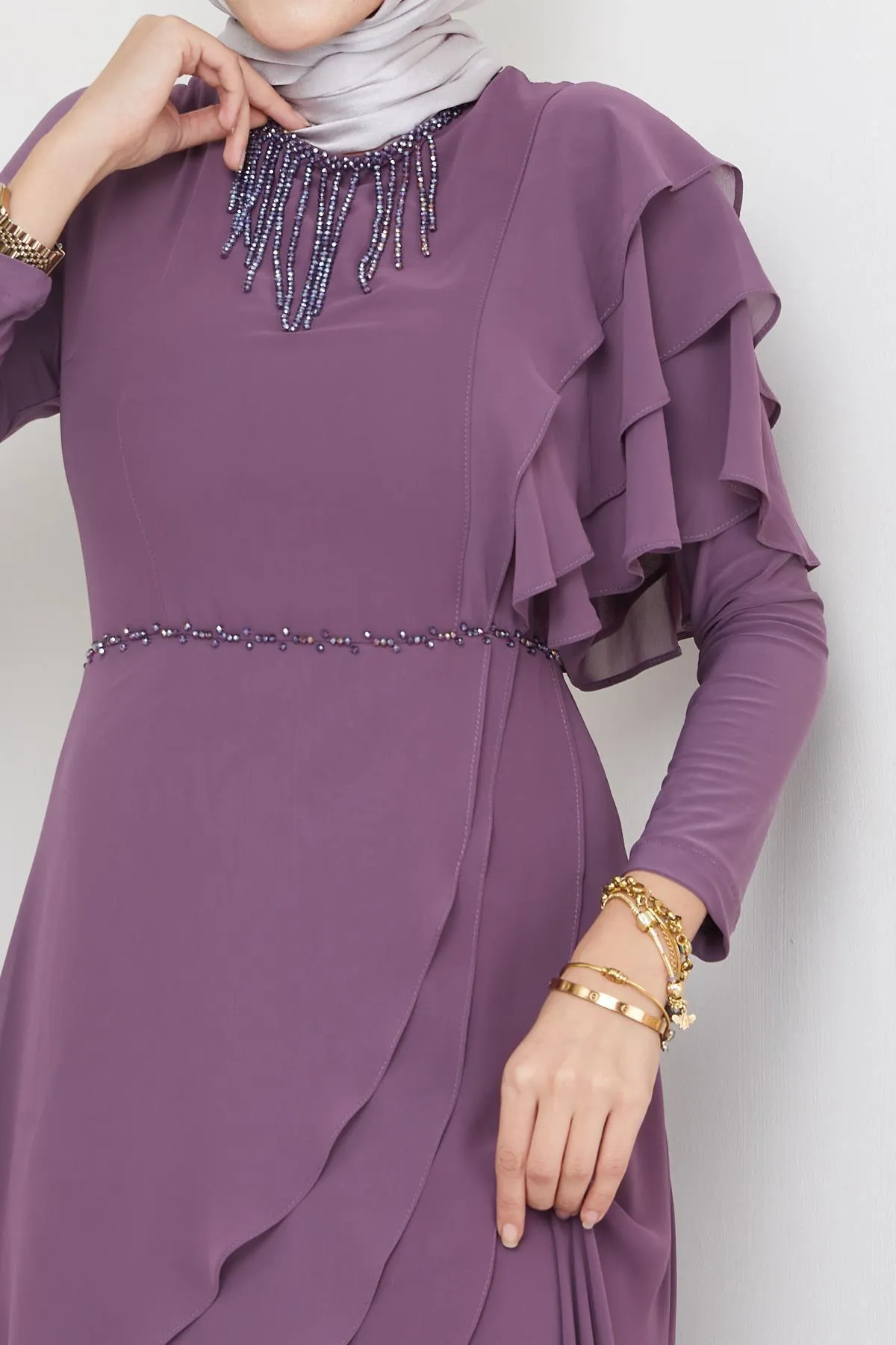 Olcay  Abendkleid aus Chiffon mit Hijab und Perlenverzierung, LILA 1652