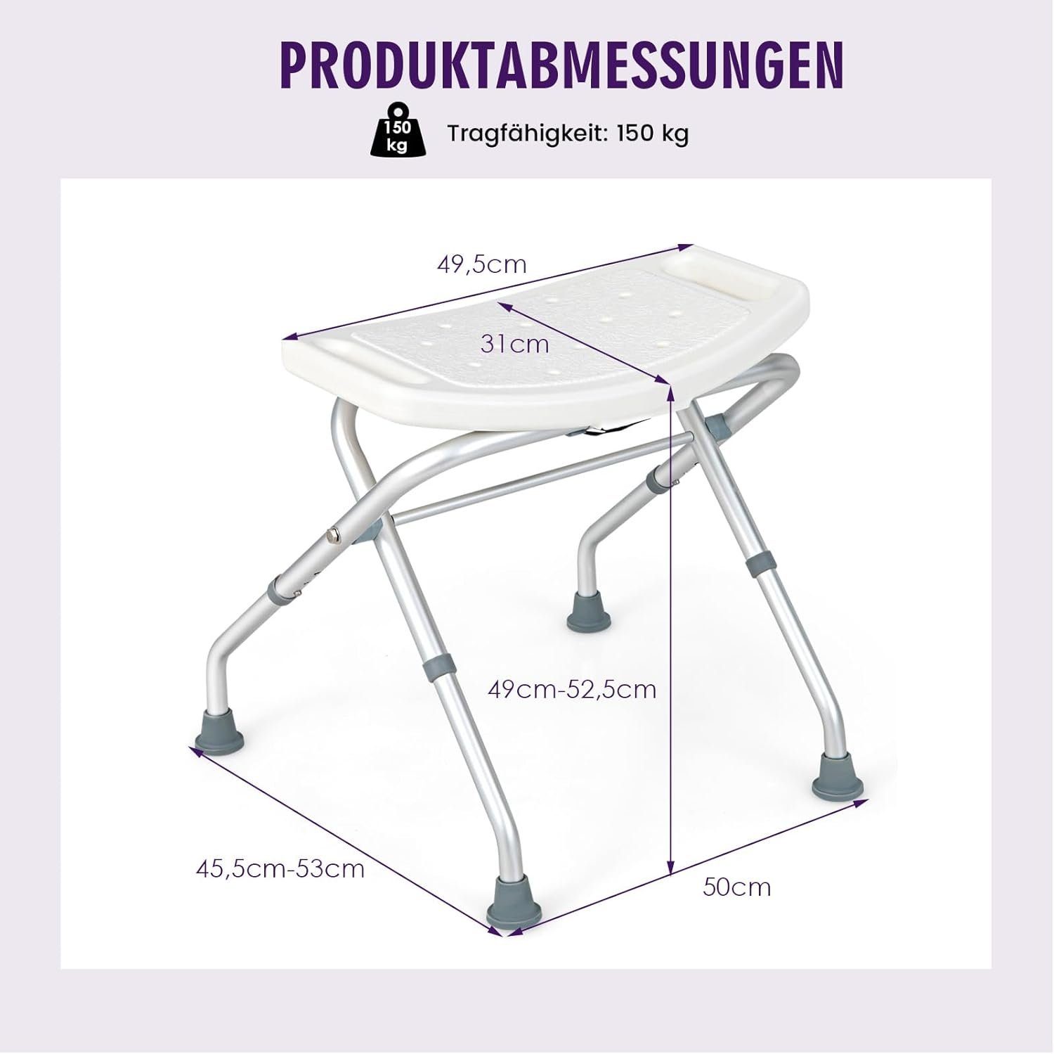 KOMFOTTEU Duschhocker Duschstuhl, belastbar bis 150,00 kg, höhenverstellbar & klappbar