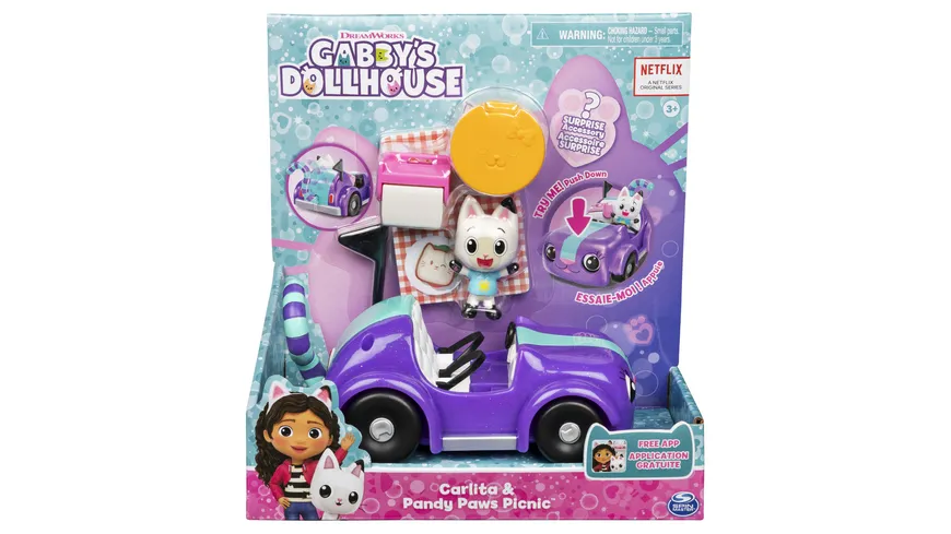 Gabby’s Dollhouse, Carlita-Spielzeugauto mit Pandy Paws-Sammelfigur, 2 Zubehörteilen und 1 Überraschungsbox