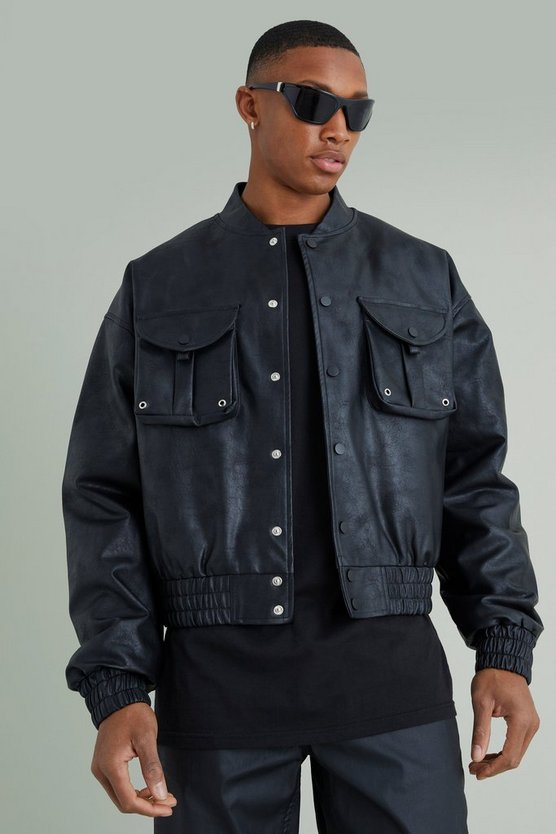 Kastige PU-Bomberjacke mit Cargo-Taschen