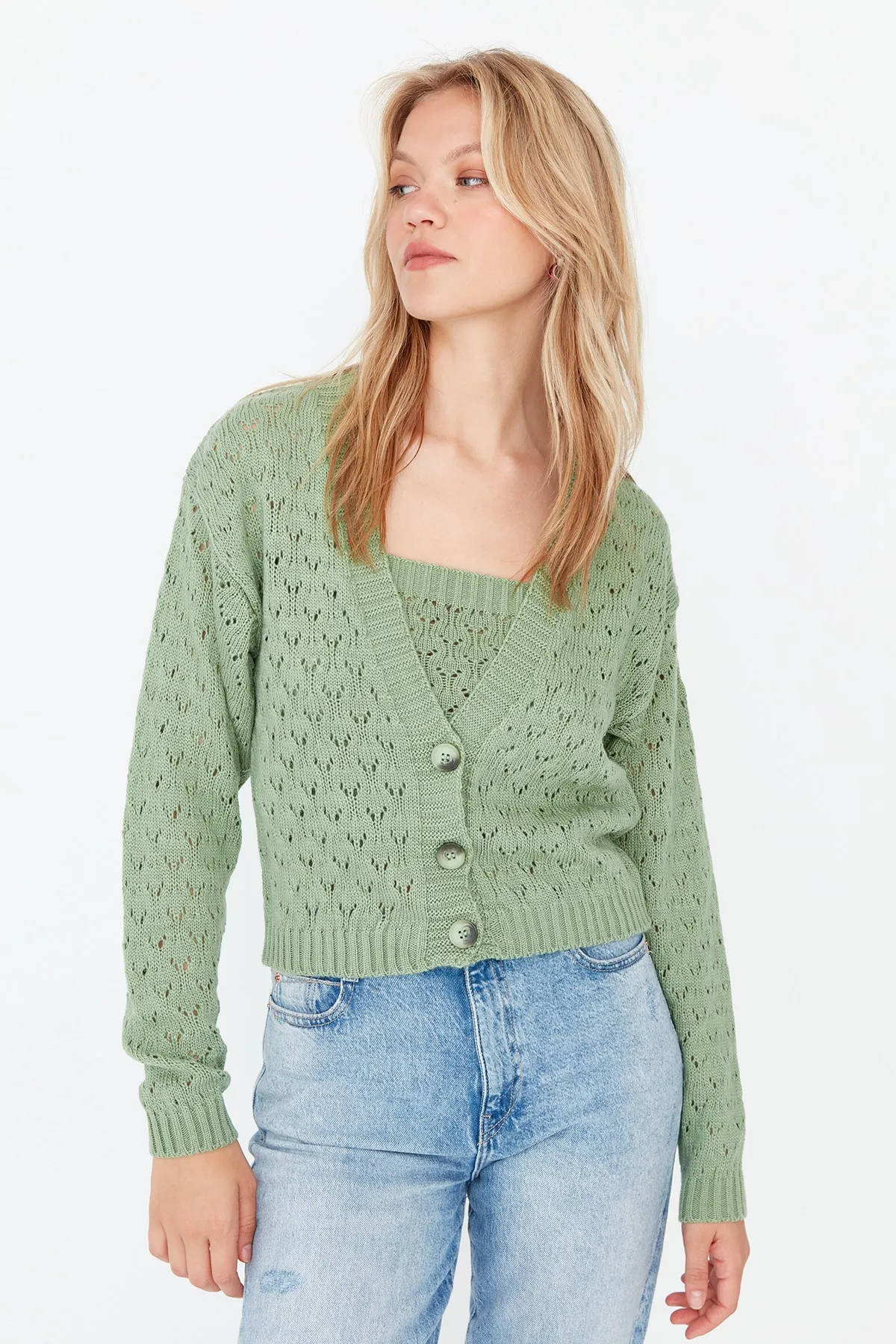 Trendyol Collection  Mintgrünes Strickset mit durchbrochenem Knopfdetail und Bluse