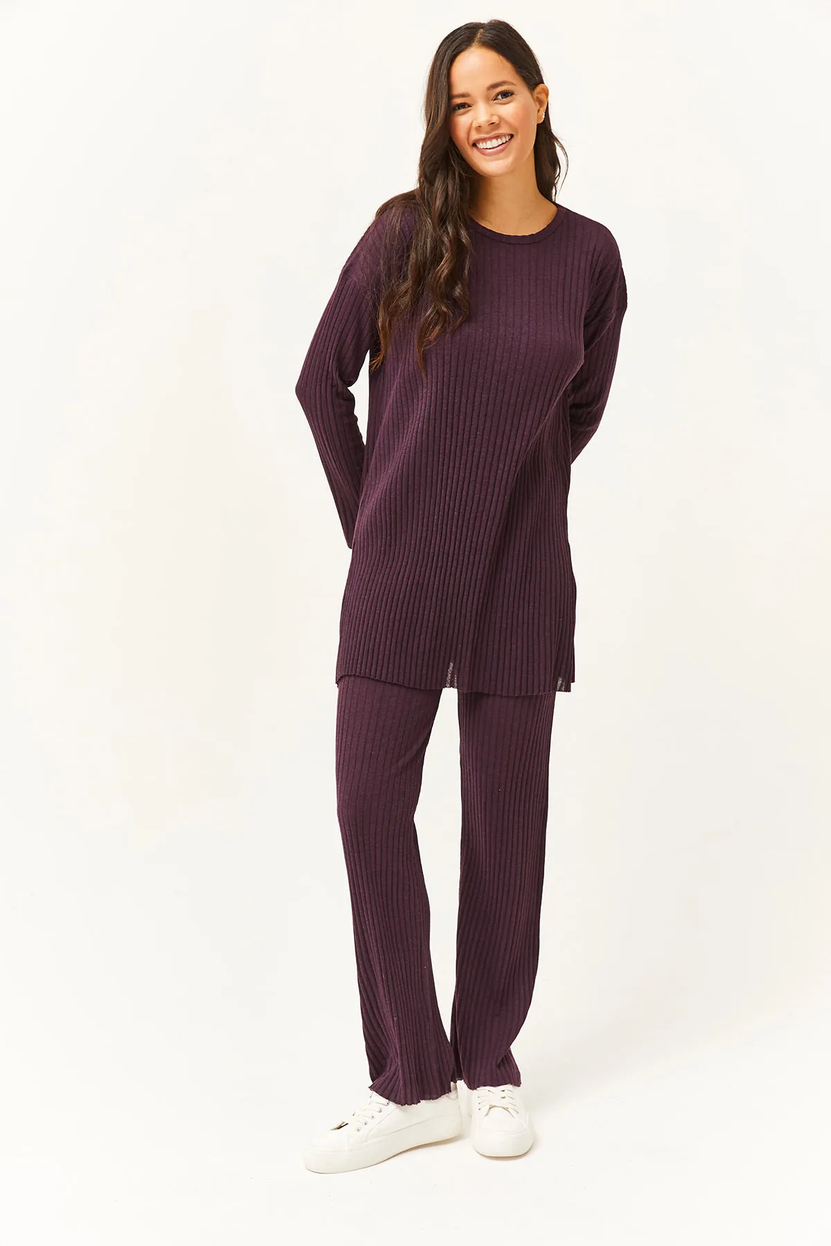 Olalook  Damen Pflaumenfarbenes Oberteil mit Schlitz, Bluse, Unterteil, Palazzo, Kordelzug, Anzug TKM-19000180