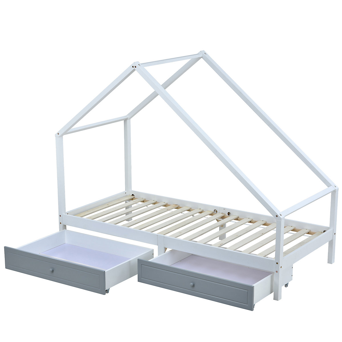 Hausbett 90x200cm mit 2 Schubladen, Kinderbett Spielbett Massiv