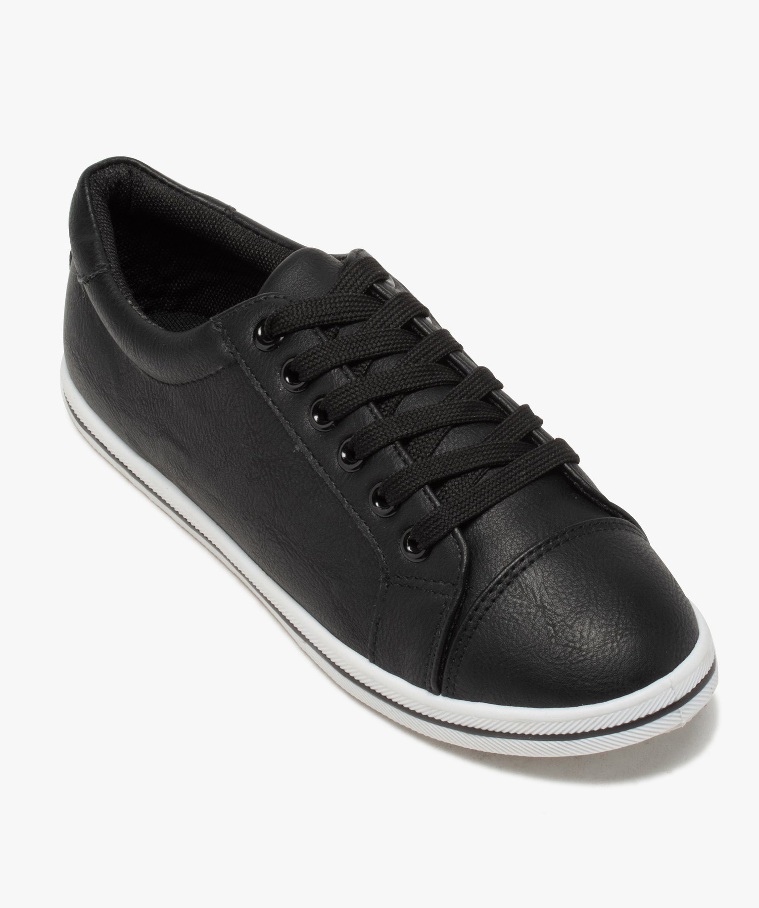 Baskets femme unies à semelle fine et fermeture lacets noir | GEMO