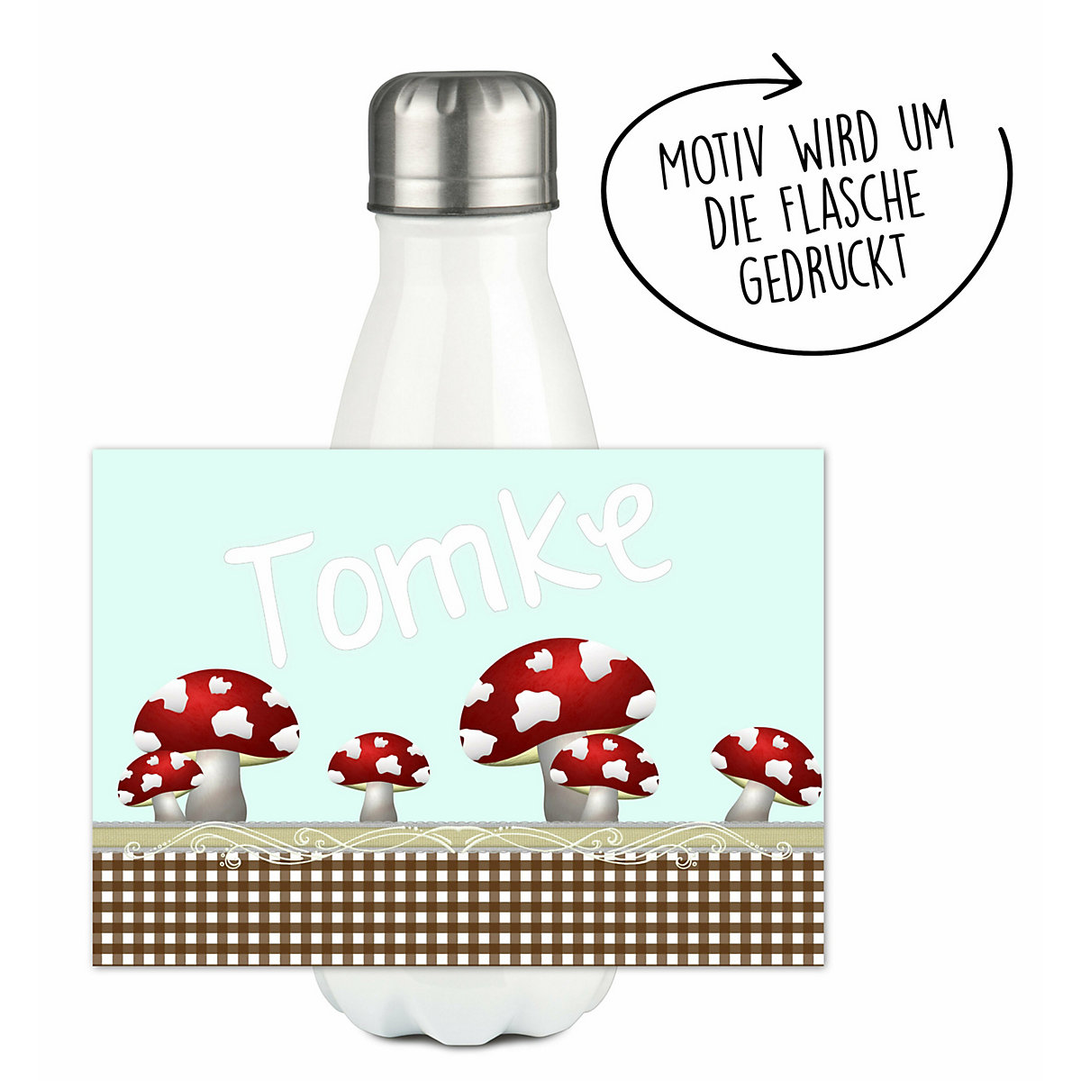 Edelstahl Kinder Thermoflasche / Trinkflasche bunt Pilz Farbe hellblau Spülmaschinenfest, Auslaufsicher, Bruchfest, Doppelwandig, Für Heißgetränke geeignet, Mit Deckel, Isoliert