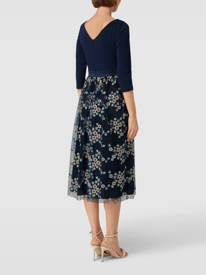 Cocktailkleid mit floralen Stickereien in marineblau meliert